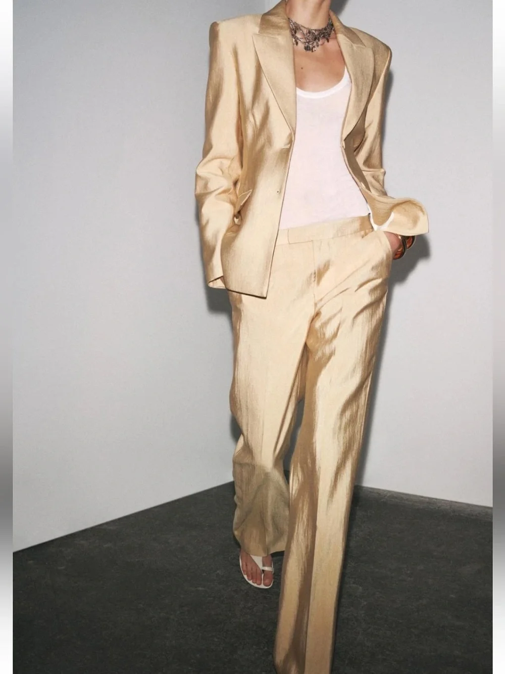 Zara NWT 2 piece SET ZW collection Gold cinch waist structured blazer & pants